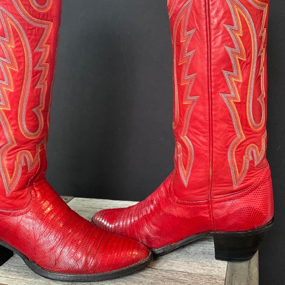 SOLD LARRY MAHAN Vintage Red Lizard Tall Knee High Cowgirl Cowboy Western Boots - Picture 7 of 11